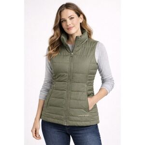 Lands End Down Fill Puffer Vest Womens Sz M (10-12) Sage Green Quilted Full Zip